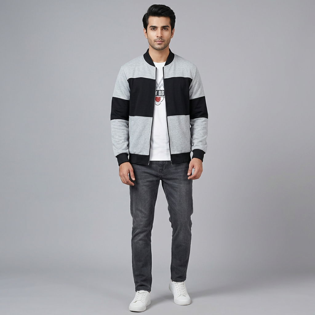 Men's Colourblock Fleece Bomber Jacket - Full Zip, Long Sleeve, S to XL
