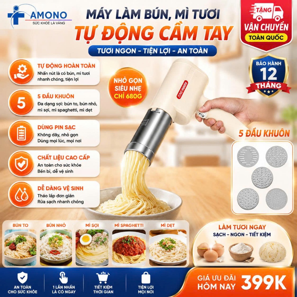 Máy Làm Bún Cầm Tay AMONO , Mì Tươi Đa Năng Tự Động Dùng Pin Sạc