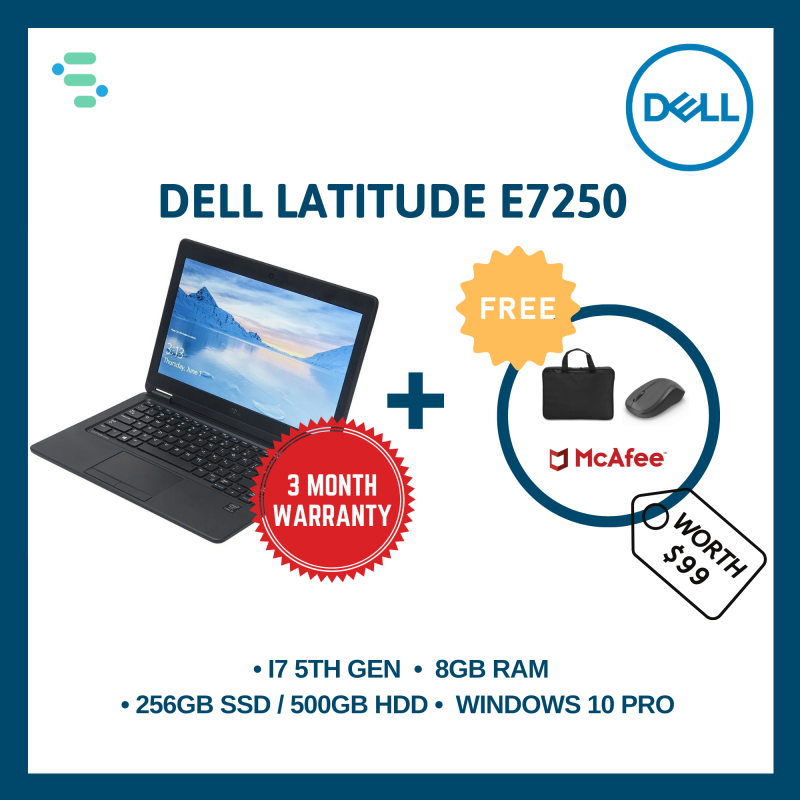 Dell Latitude E7250 | 12.5 | Intel Core i7-5600U 5TH Gen | 8GB Ram | 500GB HDD / 256GB SSD | FREE Laptop Bag + Wireless Mouse + Anti-Virus