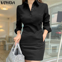 VONDA ชุดเดรสแฟชั่นสไตล์เกาหลีสำหรับผู้หญิงชุดเดรสแขนยาวมีปกชุดเดรสลำลองทรงหลวมชุดกระโปรงแบบสั้นมินิเรียบ # F