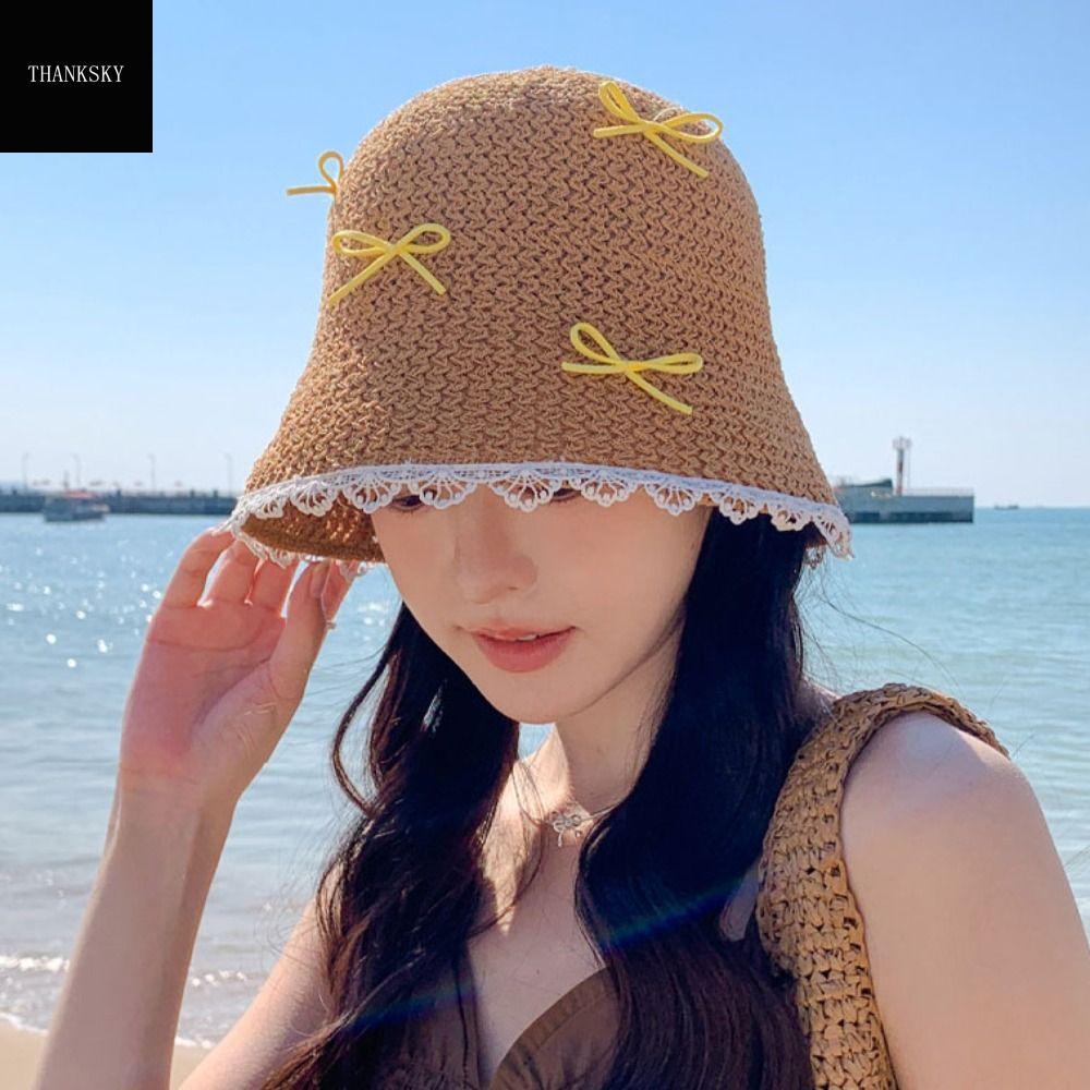 THANKSKY Tấm Che Nắng Mũ Rơm nơ Chống nắng Ren Mũ che nắng nữ Thoáng khí Có thể gập lại Mũ ngư dân chống nắng Phụ nữ