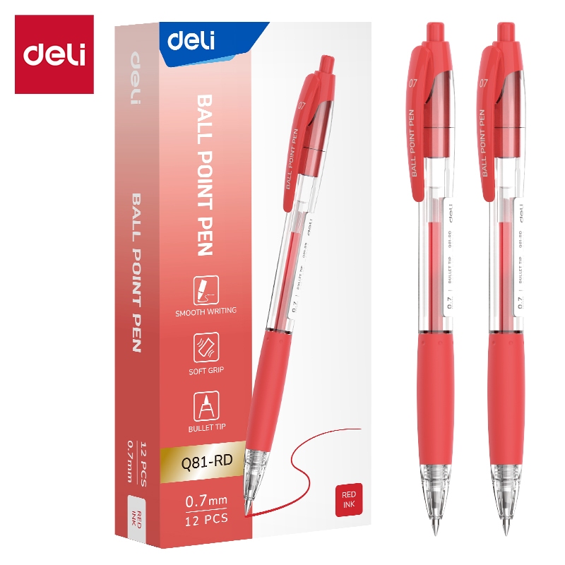 Deli 12Pcs 0.7mm Press Ballpoint Pen Black Blue Red EQ81