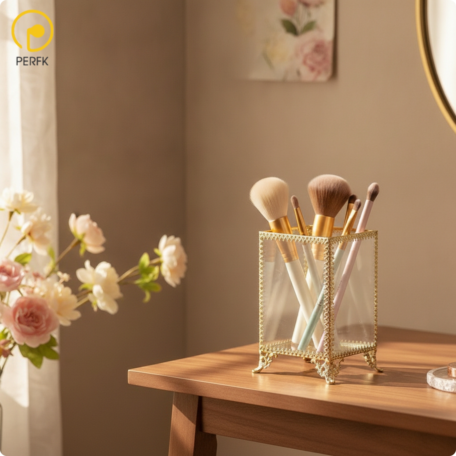 Perfk Transparent Makeup Brush Holder Rectangular Cosmetic Organizer Elegant Holder with Metal Frame Vintage for Beauty Enthusiasts, Desk ราคา 15,130 บาท*ส่งฟรี
