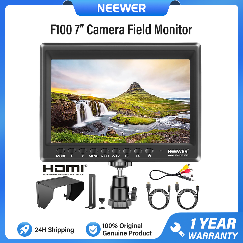 NEEWER F100 7" Màn hình hỗ trợ quay phim chuyên nghiệp HD, màn hình IPS 1280x800, đầu vào HDMI 1080P, kèm theo tấm che nắng và giá đỡ xoay (Không bao gồm pin)