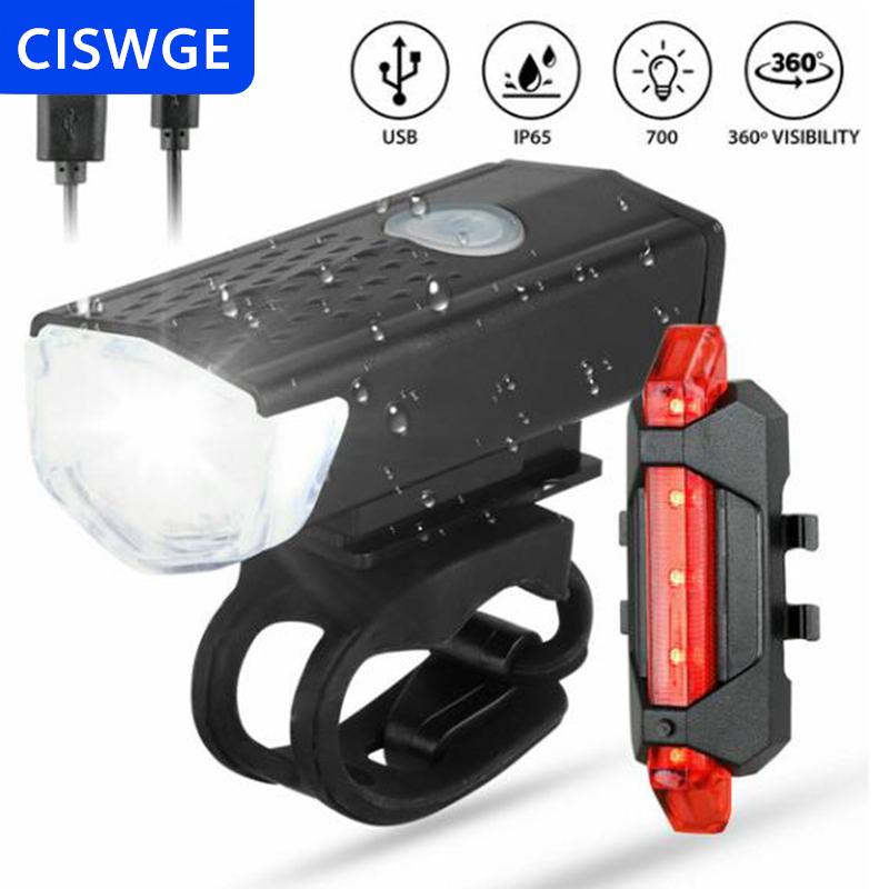 [COD] CISWGE Đèn Led Xe đạp sạc được Đèn pha USB + Đèn hậu cảnh báo