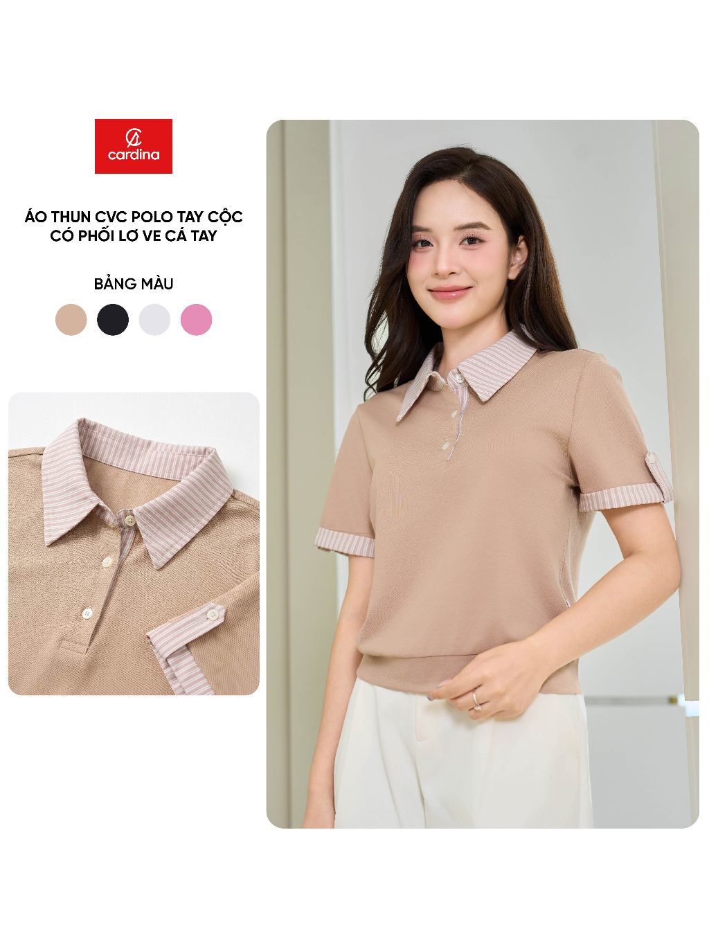 Áo polo nữ CARDINA chất thun CVC tay cộc có phối lơ ve cổ và tay 6APC10
