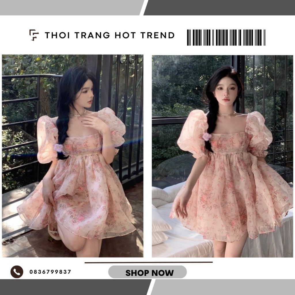 Đầm hoa tay phồng babydoll ,đầm công chúa eo phồng ,váy siêu cổ tích đầm công chúa