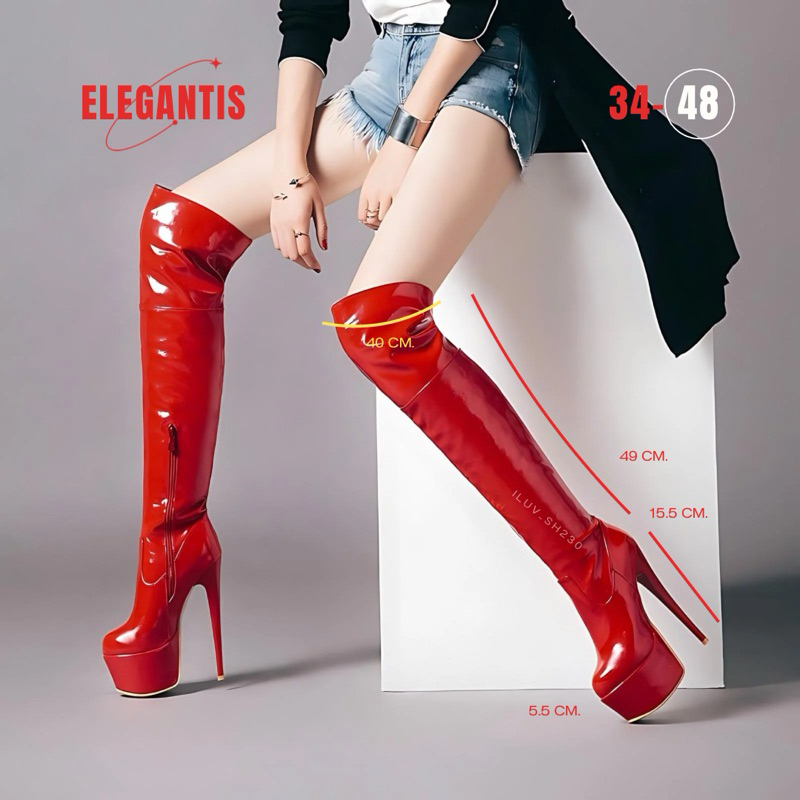 (พรี 20-25 SH230) รองเท้าส้นสูง ส้นเข็ม บูทยาวหนังเงา แฟชั่น มีไซส์ใหญ่ 41-48 ราคา 2,200 บาท*ส่งฟรี