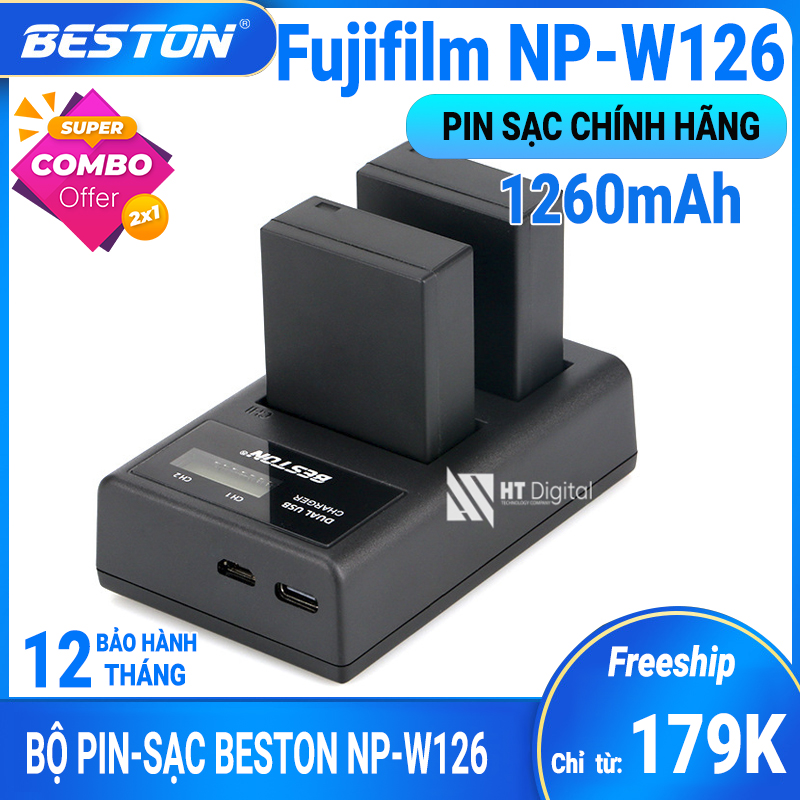 Bộ 2 Pin + Sạc Đôi Beston Fujifilm NP-W126 NP-W126S Cho Fujifilm X-T20