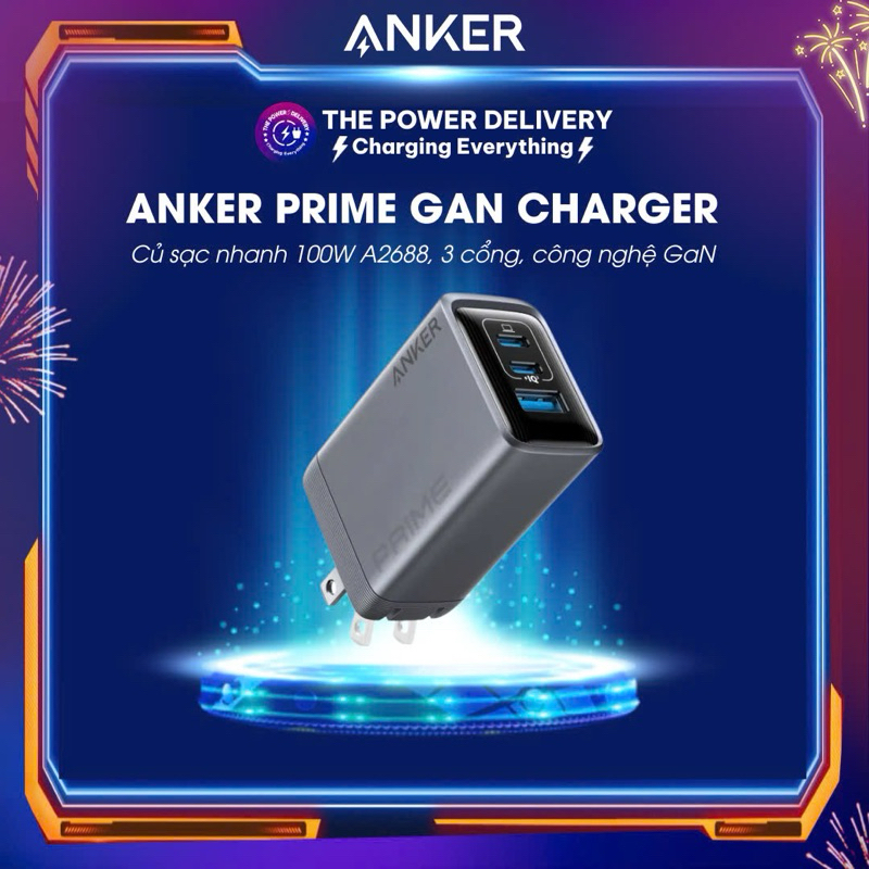 Củ sạc nhanh Anker Prime 100W A2688 3 cổng công nghệ GaN nhỏ gọn hỗ trợ PD/PPS 2.0 sạc nhanh 45W phi