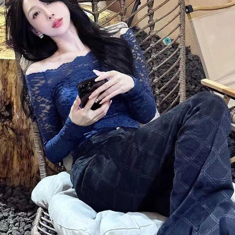 Tinh Khiết Mong Muốn Sexy Tính Khí dài tay một bên vai Strapless Ren Mỏng Áo Thun Cơ Bản Nữ Ánh Sáng Trưởng Thành xuân thu Áo phông mùa đông Áo Sơ Mi
