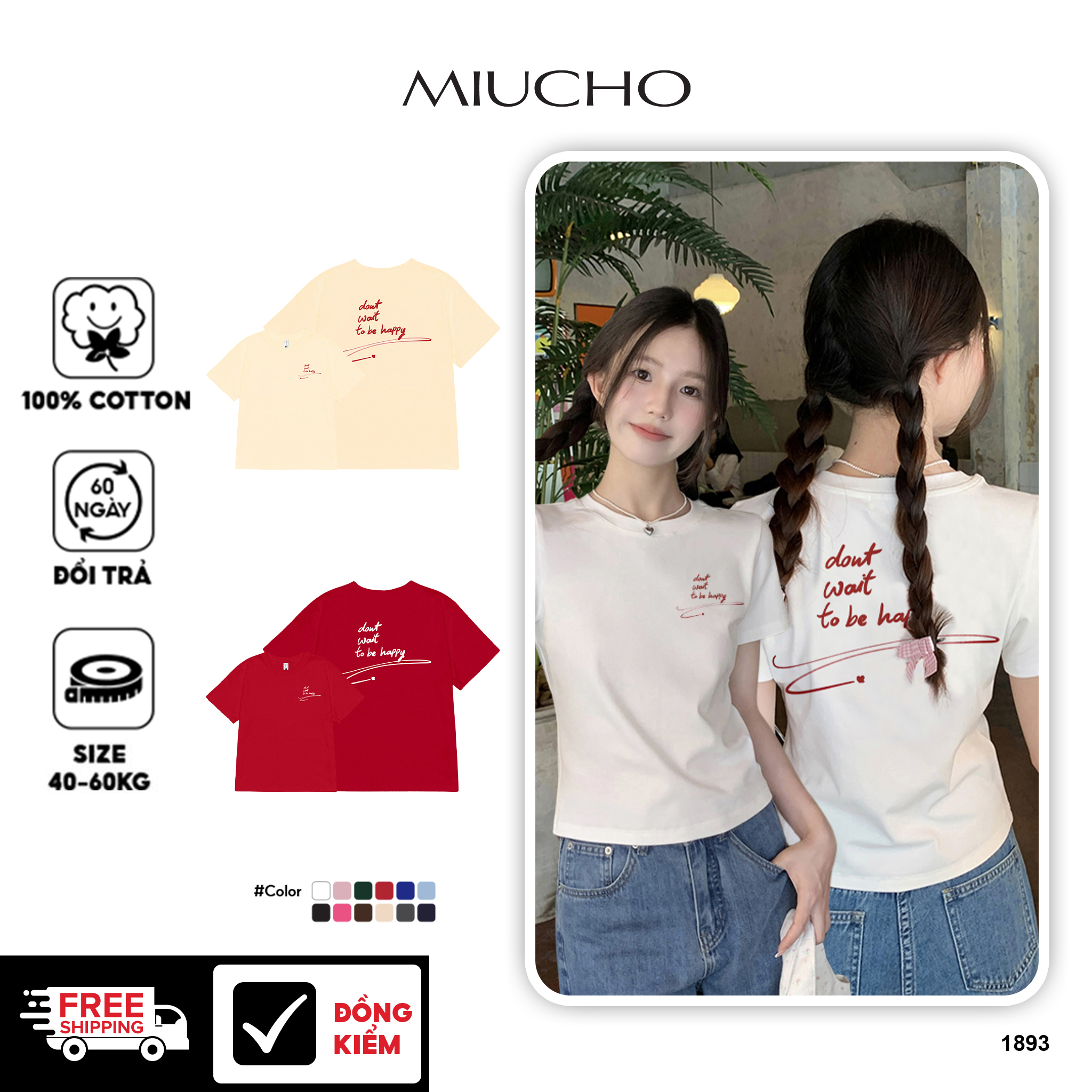 Áo baby tee cổ tròn form ôm 1893 Miucho chất vải cotton 4c thoáng mát in basic