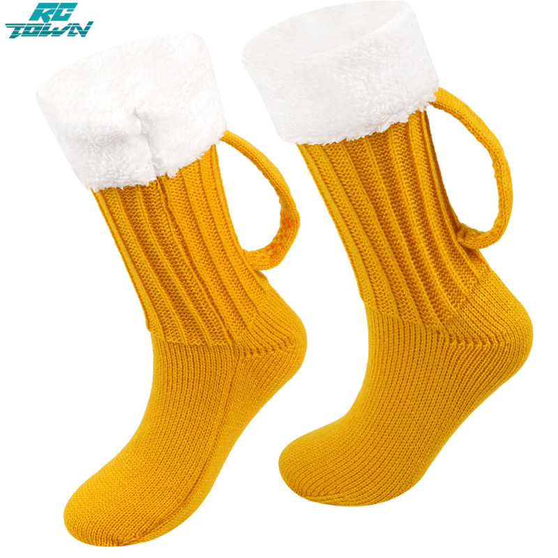 Women Christmas Floor Socks Funny 3D Beer Mug Socks Wide Mouth Crew Warm Socks ราคา 149 บาท*ส่งฟรี