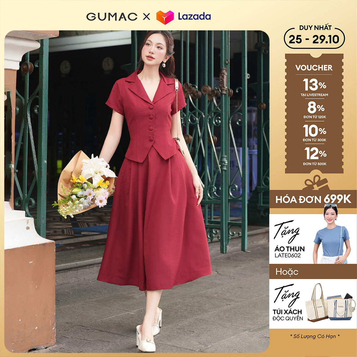 Set lẻ Áo sơ mi nữ kiểu cổ danton thời trang GUMAC AF01020 - Chân váy nữ A ly xòe thời trang GUMAC VF01021