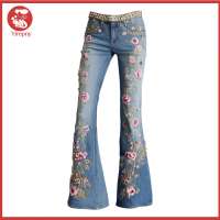 Yirepny Stretch Denim Pants 3d Printed Denim Women’s Bell Bottom Jeans 3d Floral Print Stretch Flared Denim Pants Mid Rise Retro Style with Pockets – Trendy Comfortable Casual Wear for Asia
