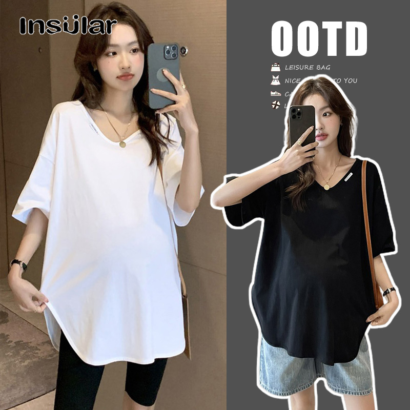 Insular Maternity Loose Fit Fashion Summer Pure Color V-Neck Short Sleeve T-Shirt ราคา 133 บาท*ส่งฟรี