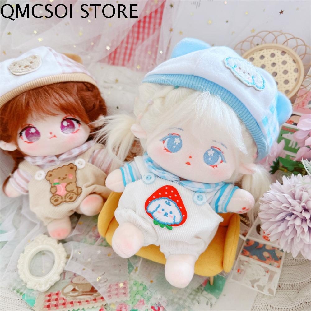 QMCSOI Mũ Gấu Bộ quần áo búp bê cotton Quần có dây đeo Ăn mặc Bộ đồ búp bê cotton Quần áo đồ chơi nh