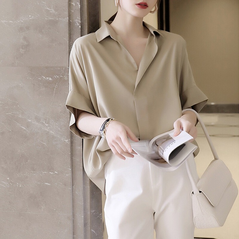 S-3XL cánh dơi dáng thụng Tay Áo Áo Sơ Mi Phụ Nữ Mùa Hè Giản Dị Trắng Kaki Áo Blouse Đen Top