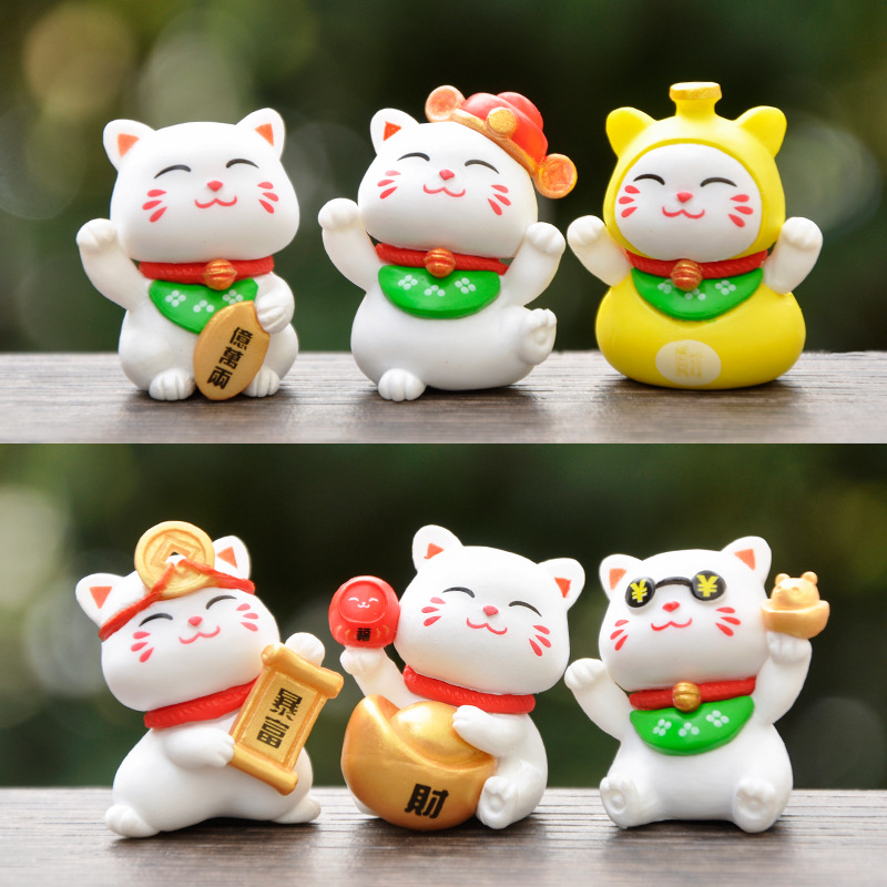 【Hibeautylife】6PCS Cartoon Maneki Neko Ornaments Animal Figurine Cat Pig Model Lucky Wealth Desktop Car Decoration