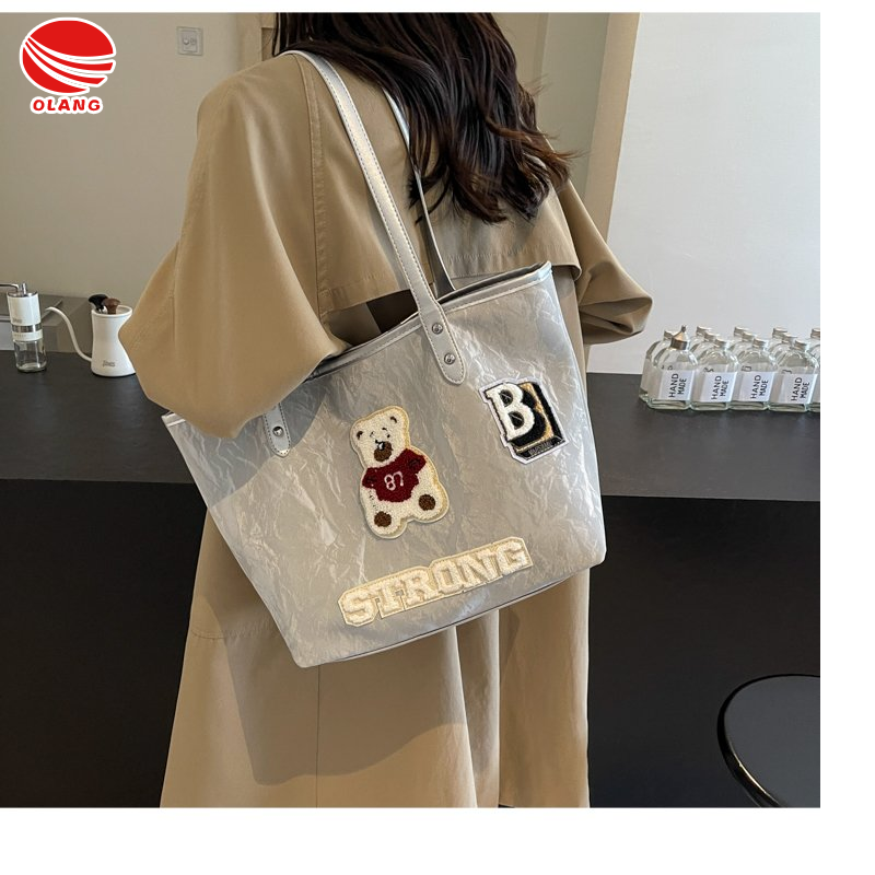 OLANG Women's Tote Korean Style Versatile Ins Cute Cartoon Bear Fashion Pu Embroidered Shoulder Bag
