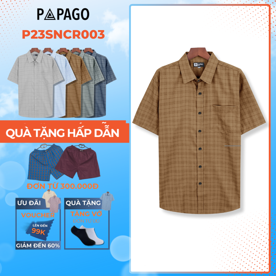 Áo sơ mi nam Trung niên PAPAGO tay ngắn sọc caro chất liệu xô đũi mềm mịn cao cấp P23SNCR003