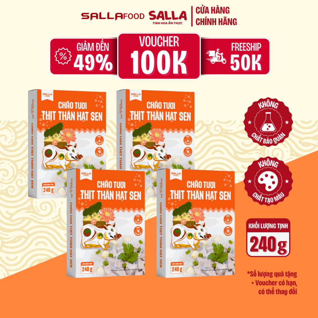 Combo 4 Hộp Cháo Tươi Thịt Thăn Hạt Sen SALLAFOOD - Túi Retort 240g - Cháo Ăn Liền - Không Chất Bảo Quản