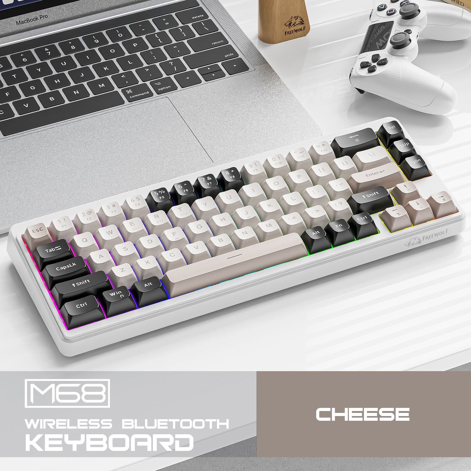 FREEWOLF M68 Wireless Keyboard 68-Key Compact Tri-Mode Bluetooth Silent Typing PBT Keycaps 2000mAh B