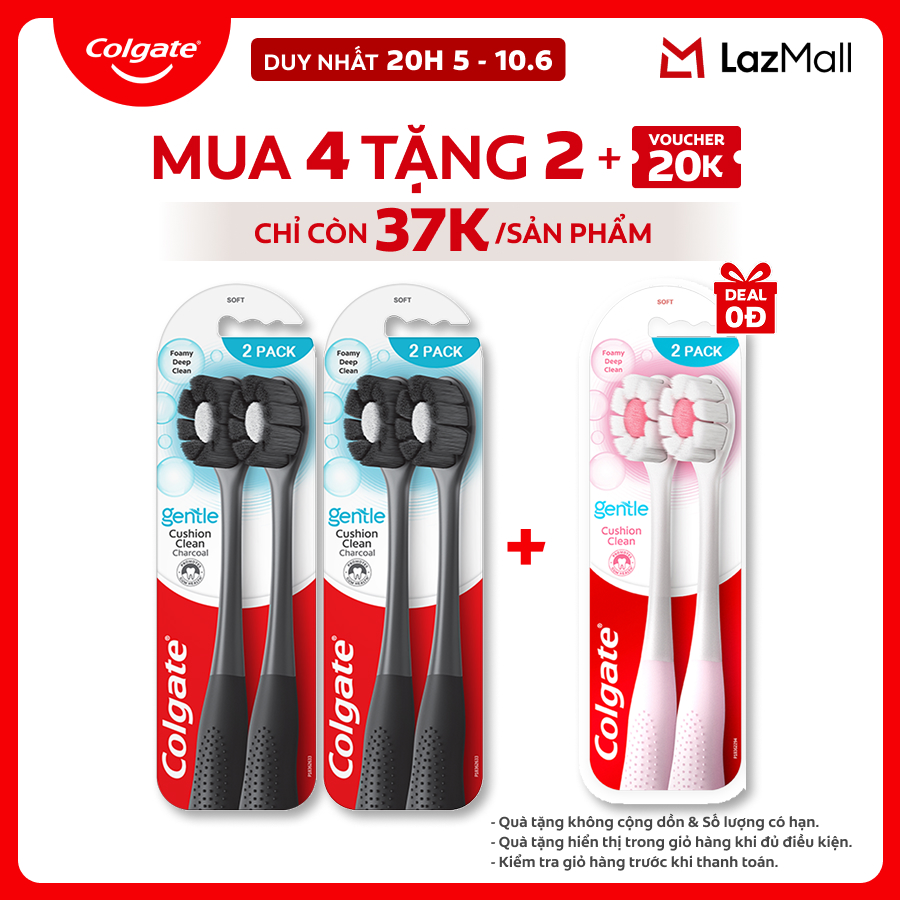 [Chỉ 20H 5-10.6_Voucher đến 12%] Bộ 4 Bàn chải Colgate Gentle Cushion Clean lông chải siêu dày tạo bọt mịn