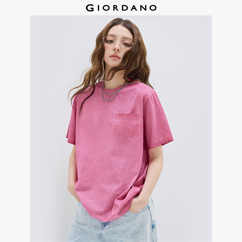 GIORDANO Nữ Áo thun Acid Wash Áo thun cotton cổ tròn tay ngắn một túi thời trang thường ngày rộng rãi 18325909