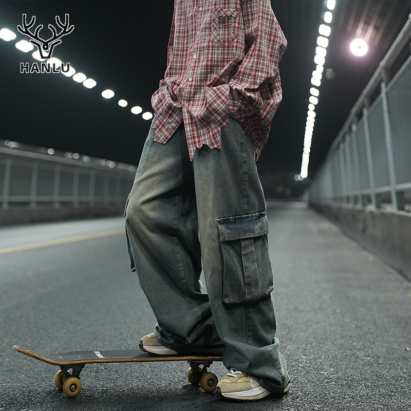 Hanlu quần jeans nam quần ống suông nam Quần jean Hip-hop thời trang quần ống rộng rộng quần denim đ
