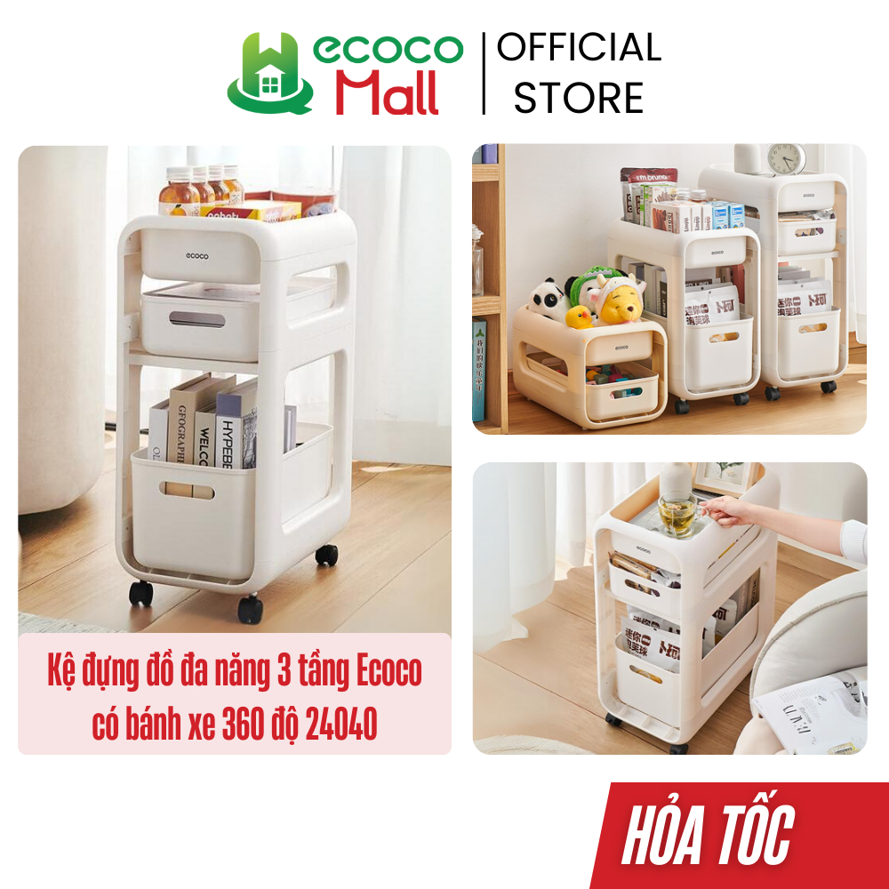 Kệ đựng đồ đa năng ECOCO 3 tầng có bánh xe thế hệ mới Xe đẩy bỉm sữa cặp xách đồ dùng học tập tiện lợi 24040