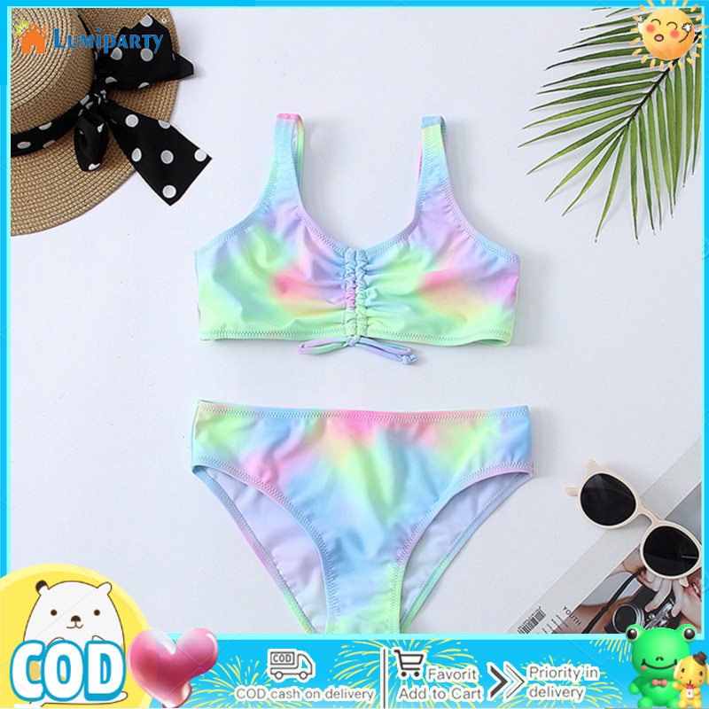 Infant Girl Bathing Suit Two Pieces Suit Chest Drawstring Design Baby Girl Swimsuit Tie-dye Pattern Swimwear Outdoor Summer Infant Baby Girl Bikini Set ราคา 221 บาท*ส่งฟรี