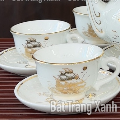 Bộ Ấm Trà Thuận Buồm Xuôi Gió Vẽ Vàng 24k - Bộ bình trà Bát Tràng Cao Cấp - Bộ ấm chén thuận buồm xu