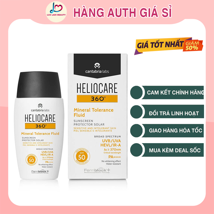 Kem chống nắng Heliocare 360 Mineral Tolerance Fluid SPF50 PA++++ KCN phổ rộng Tây Ban Nha dạng hộp 