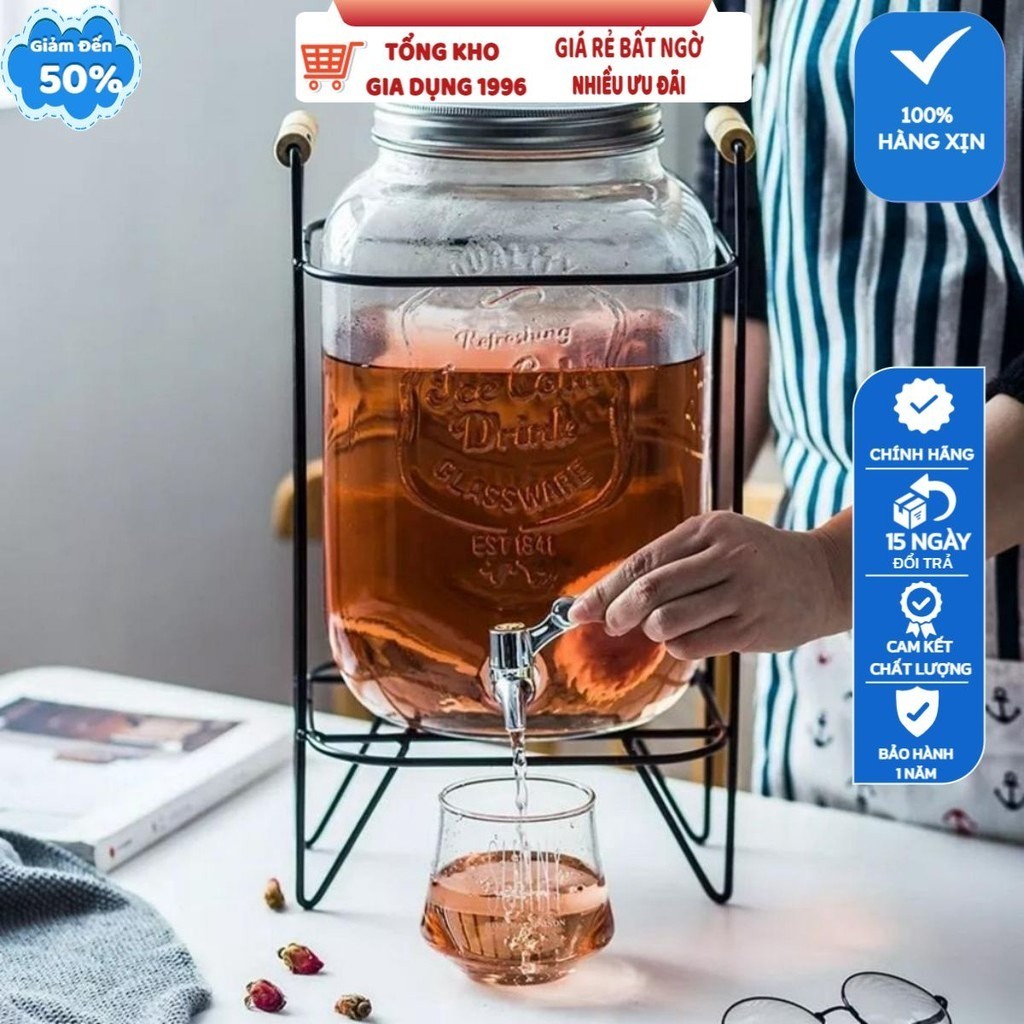 Bình Đựng Nước Để Tủ Lạnh Thuỷ Tinh 4L Có Vòi Vặn Tiện Lợi Kèm Kệ Xinh Xắn DECOR Bàn Uống Nước, Bình
