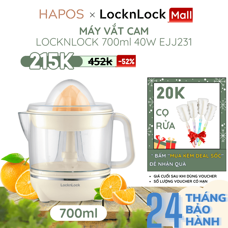 Máy vắt cam locknlock ejj231 700ml 40w - hàng chính hãng, xoay ép 2 chiều cho nhiều nước cam - hapos