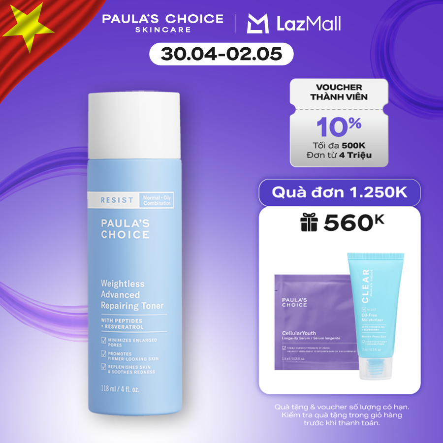 Nước hoa hồng siêu nhẹ sửa chữa hư tổn cho làn da dầu và lão hóa Paula’s Choice Resist Weightless Advanced Repairing Toner 7780