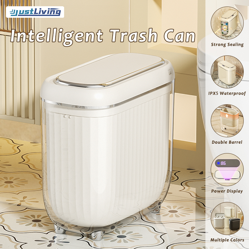 JustLiving 14L Slim Plastic Trash Can Bathroom Trash Can with Lid Smart Gap-Sensing Trash Can Waterproof Narrow Garbage Can Double Barrel Garbage Motion Sensor Trash Bins Electric Plastic Garbage Bin ราคา  965 บาท*ส่งฟรี