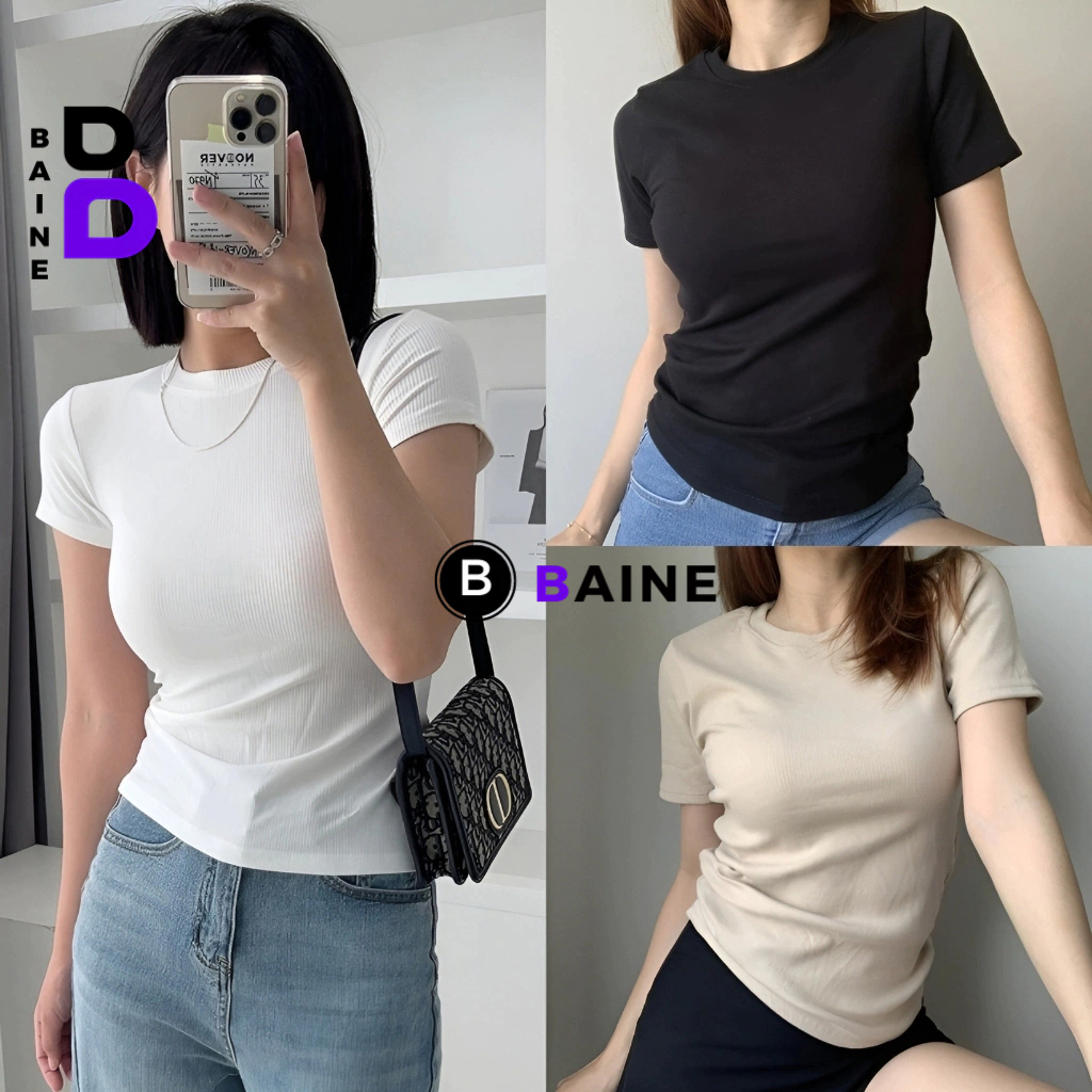 Áo Thun Nữ Baby Tee Tay Ngắn Cổ Tròn Ôm Body DÁNG DÀI THUN GÂN, Áo Thun Tay Ngắn Cổ Tròn Len Tăm