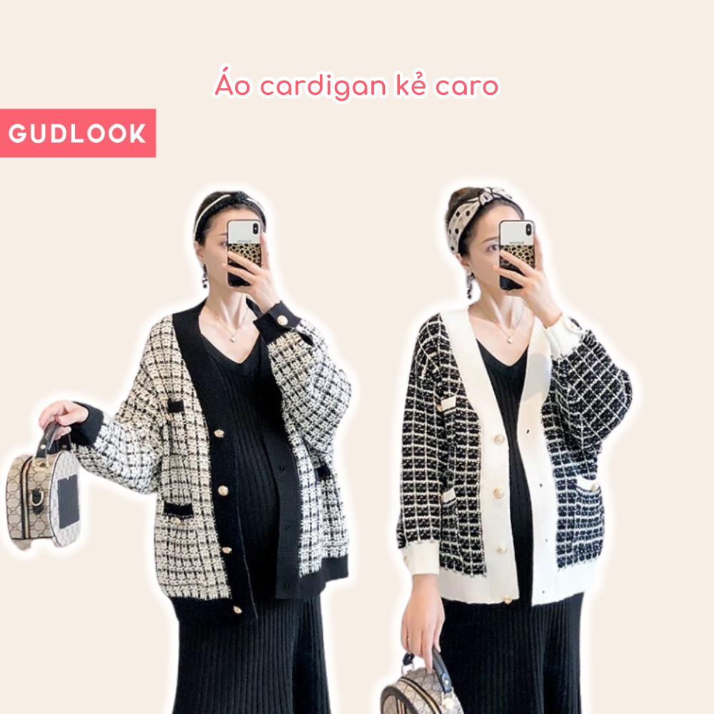 Áo khoác len cardigan gudlook kẻ caro phối cúc ngọc sang chảnh