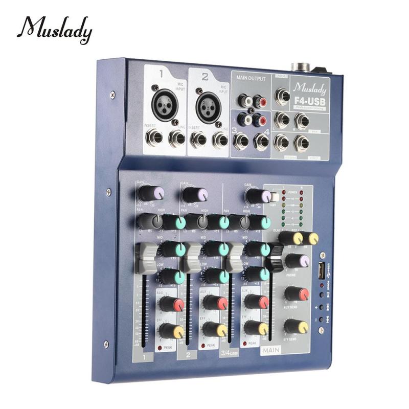 Muslady F4 Professional Metal 4 Channel Live Mixer Mixing Console 3-Band EQ USB Function 48V Phantom with Bulit-in Effect Processor Mic Input