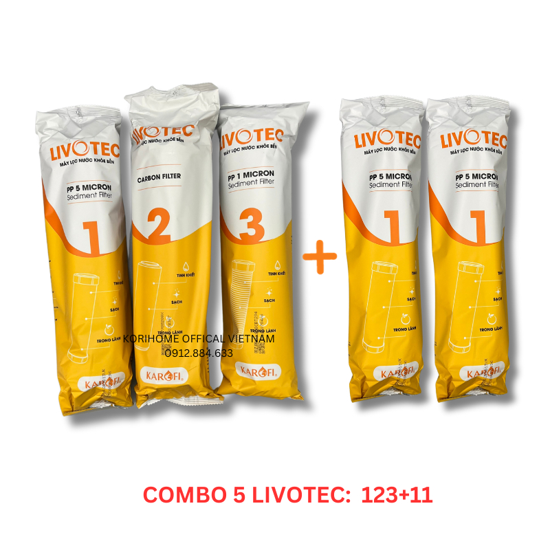 Combo 5 lõi lọc nước Livotec Karofi dùng được cho 1 năm gồm bộ 123 + 2 lõi số 1