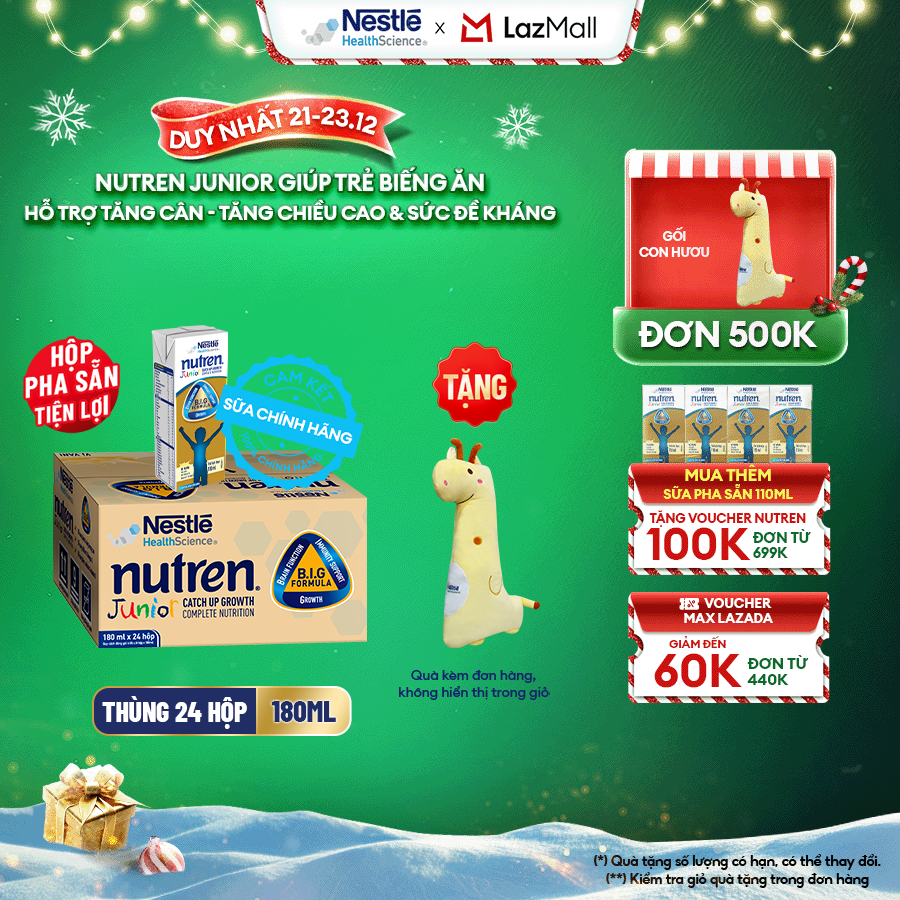 [Tặng Gối ôm hươu cao cổ] Thùng 24 Hộp Sữa Pha Sẵn NESTLÉ NUTREN JUNIOR Thụy Sĩ Công Thức BIG Tăng Trưởng Thể Chất,Trí Não,Đề Kháng 180ML