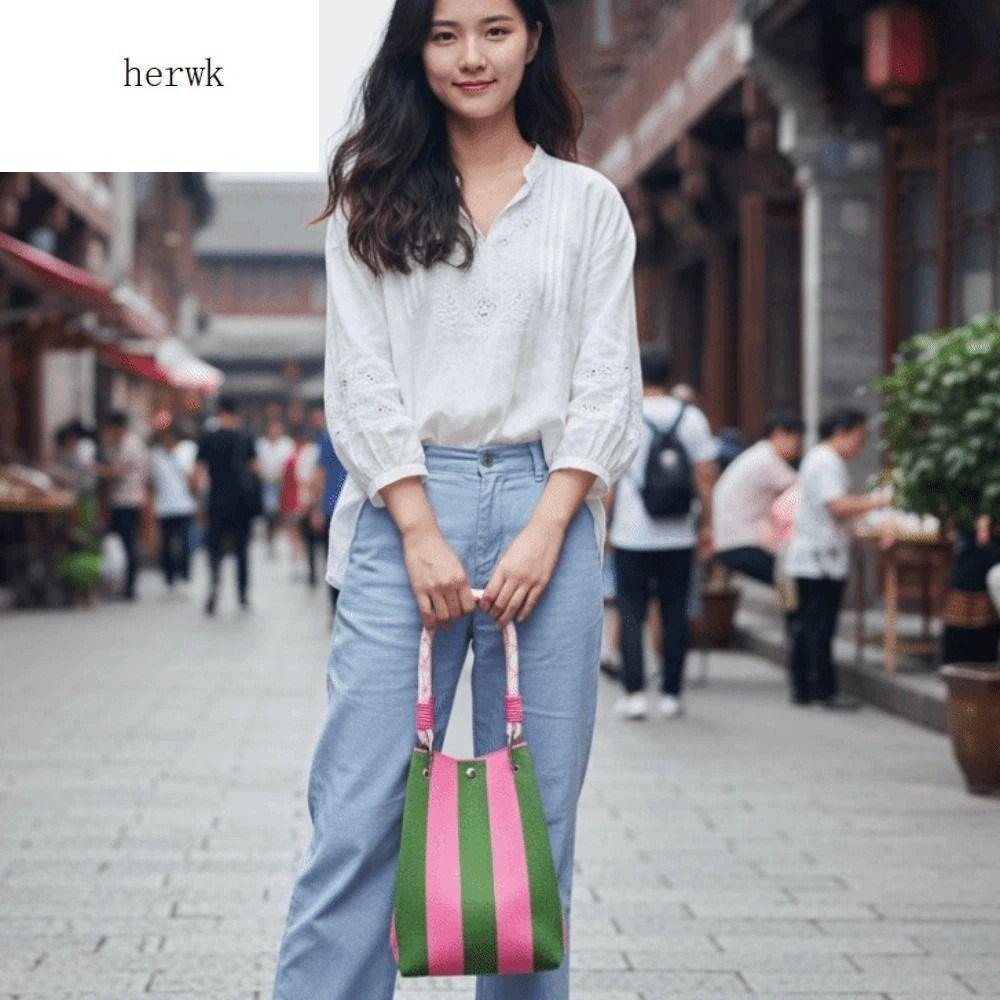 HERWK Công suất lớn Túi xách nữ đan Phong cách Nhật Bản Ngọt ngào Túi đi lại cầm tay Chất lượng cao Nút từ tính Túi nhỏ sọc Các cô gái