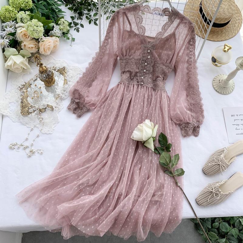 Mùa Thu Năm 2020 Mẫu Mới Voan Lưới Mềm Váy Dài Chic Gió Nhẹ Nhàng Váy Cổ Tích Ngọt Ngào Dáng Dài Khí Chất Đầm