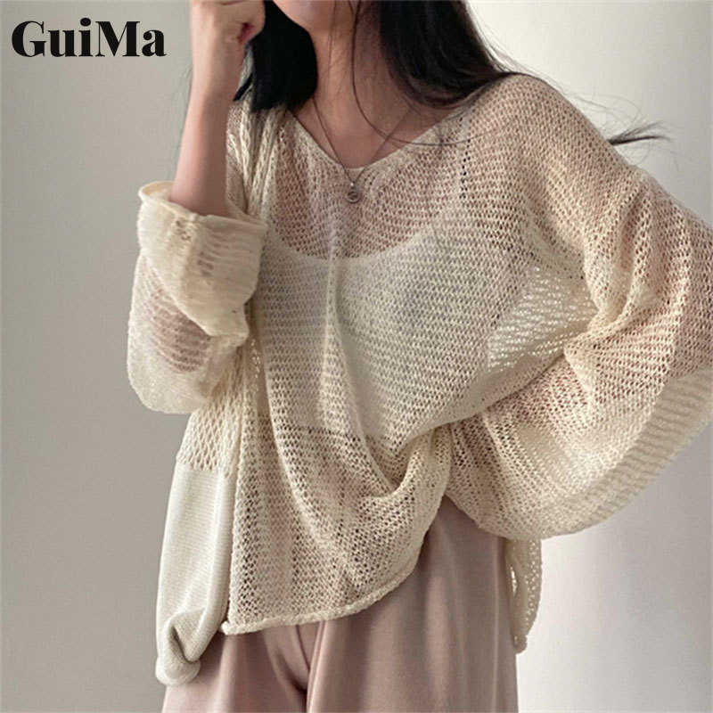 Áo cánh dệt kim đục lỗ nữ phong cách GW phong cách Hàn Quốc áo dài tay dáng rộng