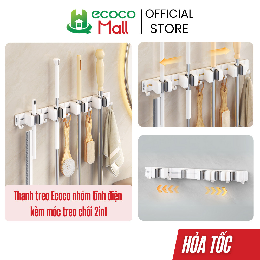  Thanh treo nhôm tĩnh điện ECOCO kèm Móc Treo Chổi di chuyển thông minh 2in1 không cần khoan vít thế hệ mới 