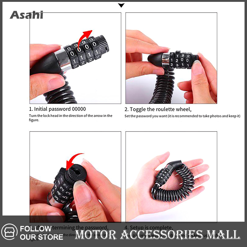 Asahi Motor Xe Đạp Phụ Kiện An Ninh Mật Khẩu 4 Chữ Số Chống Trộm Kết Hợp Số Mã Cáp Thép Chuỗi Xe Đạp Khóa