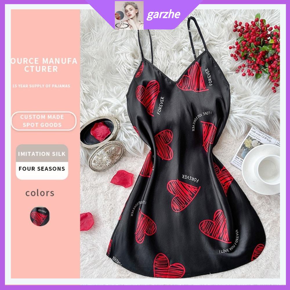GARZHE24272 Không lưng Váy ngủ nữ Cổ V Satin Váy ngủ Thời trang Trái tim đỏ Đầm Đồ lót cho phụ nữ