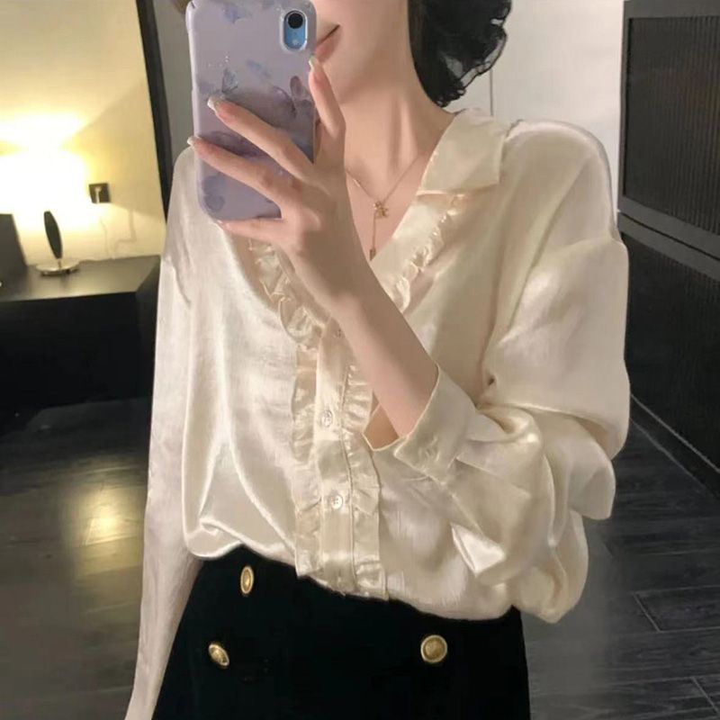 Duohanzi Áo Satin thanh lịch với các chi tiết và cúc ngọc trai Ruffle